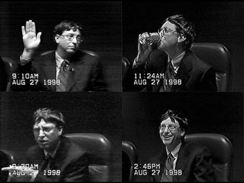 Bill Gates je bil na zaslišanjih, ki jih je vodilo ameriško pravosodje, po poznejših navedbah prič težaven sogovorec, saj se je izmikal vprašanjem tožilcev in jih dražil s prošnjami za definicijo najpreprostejših besed, ki so jih tožilci uporabili v svojih vprašanjih. Prav tako se je zdelo, da ga celotna stvar malce zabava. | Foto: YouTube / Posnetek zaslona