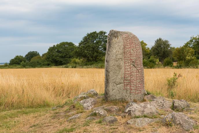 Runski kamen | Na fotografiji: runski kamen iz Karlevija (Karlevistein) je blizu Färjestadna na švedskem otoku Öland. Kamen je bil postavljen okoli leta tisoč našega štetja za domnevno danskega bojevnika in je del grobnega kompleksa. Napis je v stari nordijščini, germanskem jeziku, ki so ga na območje danskega otočja in Švedske prinesli prišleki z juga približno med letoma 375 in 750 našega štetja. Predtem se je v tem delu Skandinavije po ugotovitvah skupine znanstvenikov govoril drug germanski jezik. | Foto Guliverimage