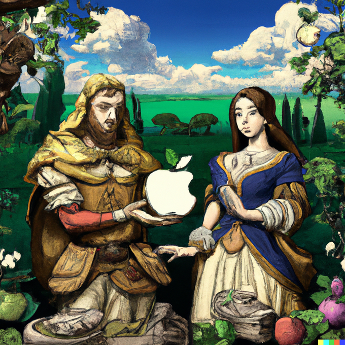 Avtor DALL-E na prompt "Adam and Eve in the Garden of Eden holding logo of Apple Computers. In the style of Renaissance masters" avtorja kolumne | Foto: DALL-E