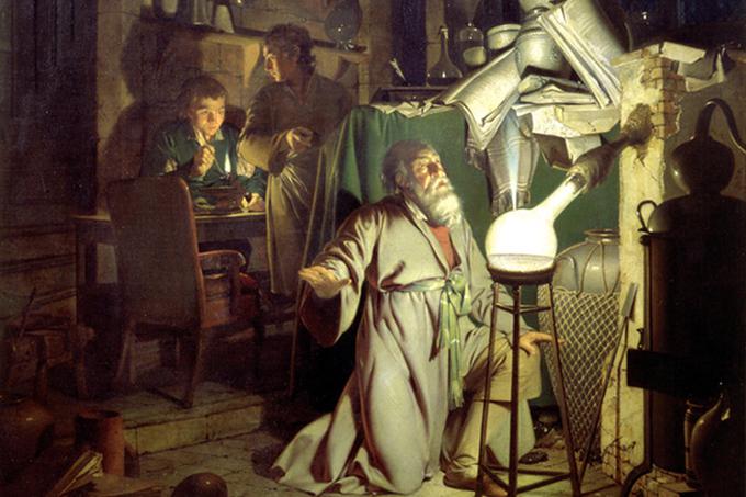 Henning Brand odkrije fosfor, slika iz leta 1795. Sijaj fosforja je sicer pretiran, prav tako tudi količina. Brand ga je namreč pridelal samo okrog 120 gramov.  | Foto: Thomas Hilmes/Wikimedia Commons