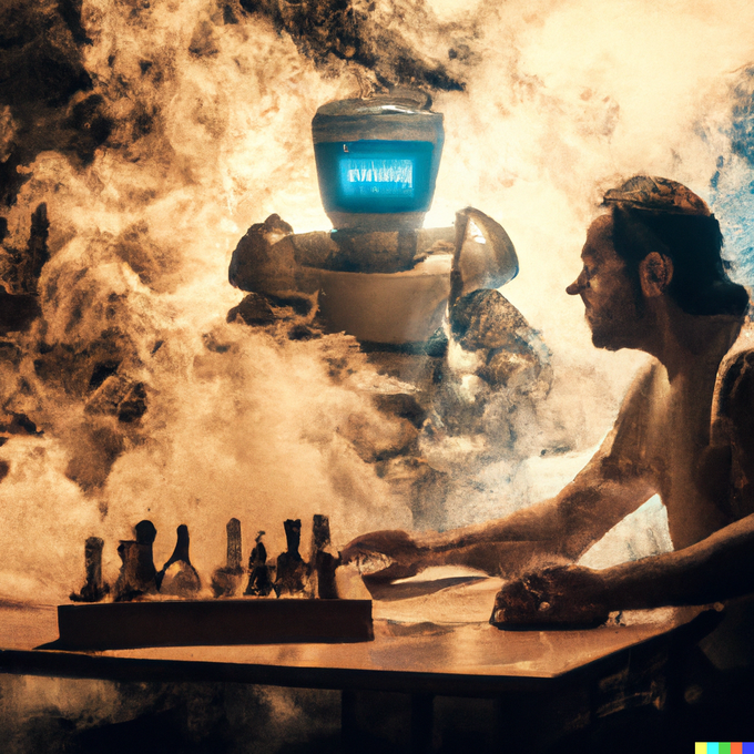 Avtor DALL-E na prompt "Man and robot playing chess in a room full of smoke due to fire in the style of Rembrandt" avtorja kolumne | Foto: DALL-E