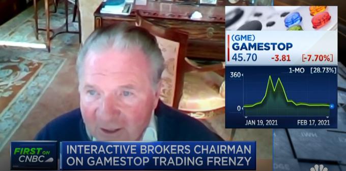 Thomas Peterffy, ustanovitelj borznoposredniške platforme Interactive Brokers, je februarja 2021 za ameriški medij CNBC priznal, da je bil finančni trg zaradi naraščanja cene delnice GameStopa zelo blizu kolapsa in da bi delnica z oznako GME, če trgovalne platforme ne bi onemogočile nakupovanja, verjetno lahko dosegla ceno nekaj tisoč ameriških dolarjev.  | Foto: YouTube / Posnetek zaslona